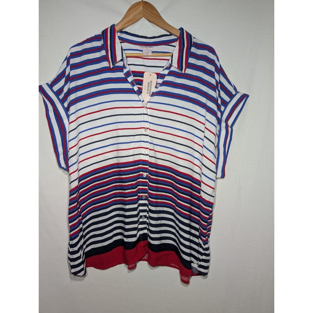 Allison Daley Womens Striped Short Sleeve BlouseTop Sz 3X‎ Rayon Red Blue White
